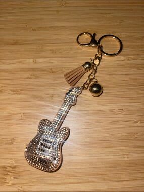 Light Brown Guitar Puff Rhinestone Keychain Bag Charm